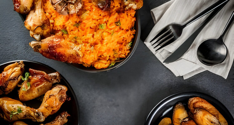 jollof-rice-in-black-plate-with-chicken-and-plantain-protein-rich-food